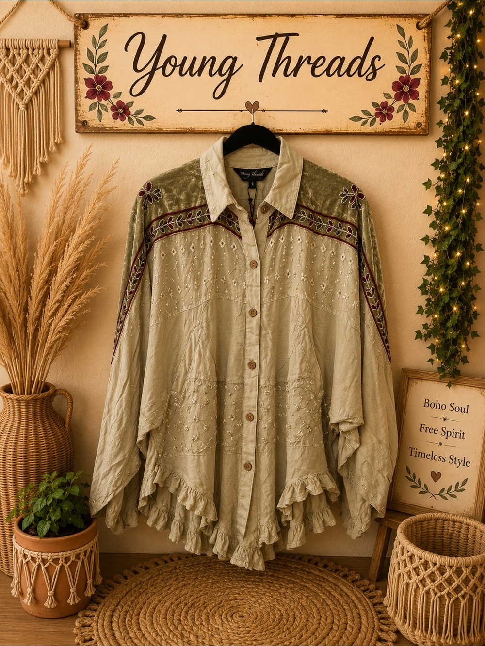 Young Threads Olive Green Boho Embroidered Tunic Shirt